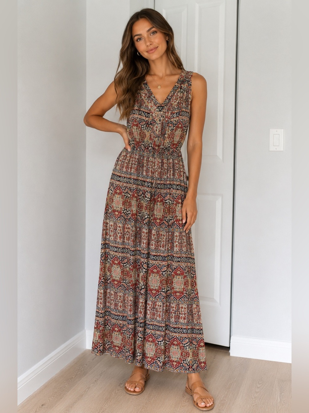 Style & Co Boho Maxi Dress XL Sleeveless V Neck Printed Flowy